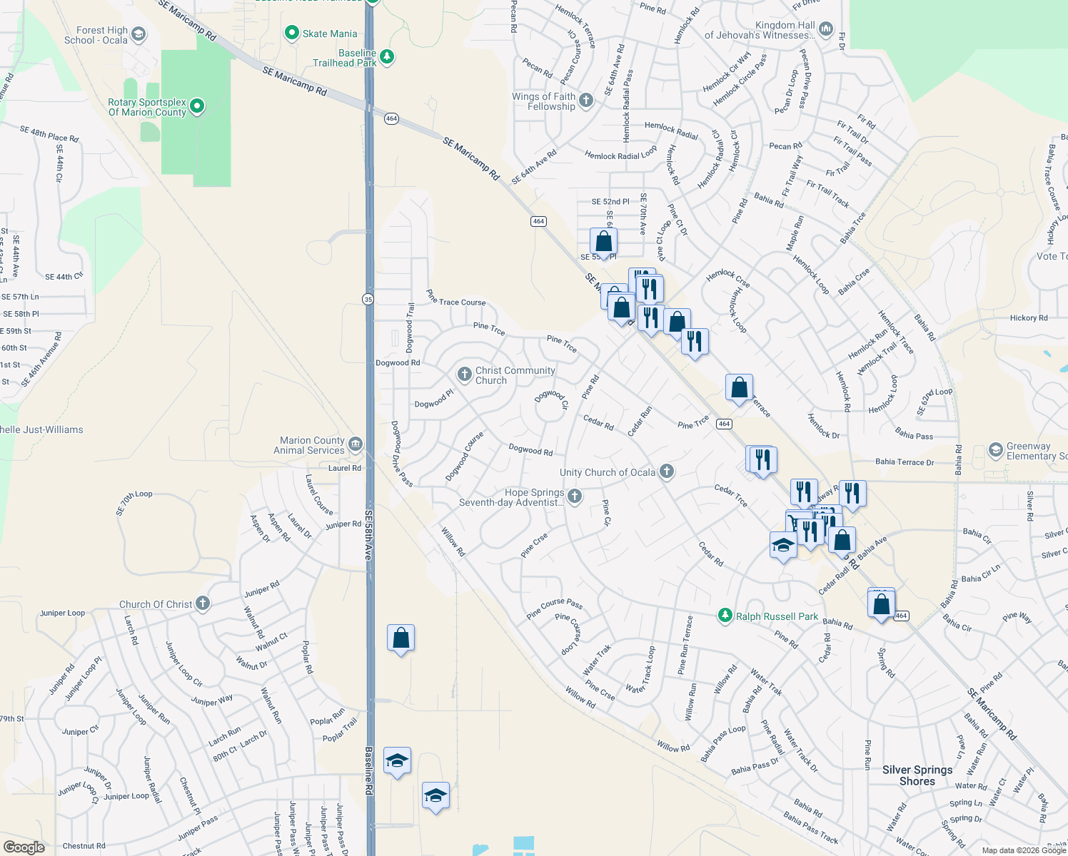 map of restaurants, bars, coffee shops, grocery stores, and more near 4 Dogwood Circle Pass in Ocala