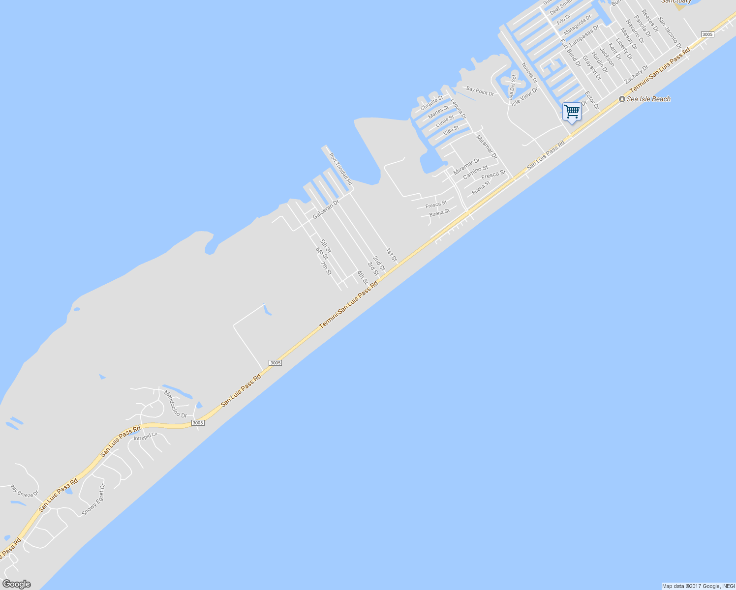 map of restaurants, bars, coffee shops, grocery stores, and more near 23403 Termini-San Luis Pass Road in Galveston
