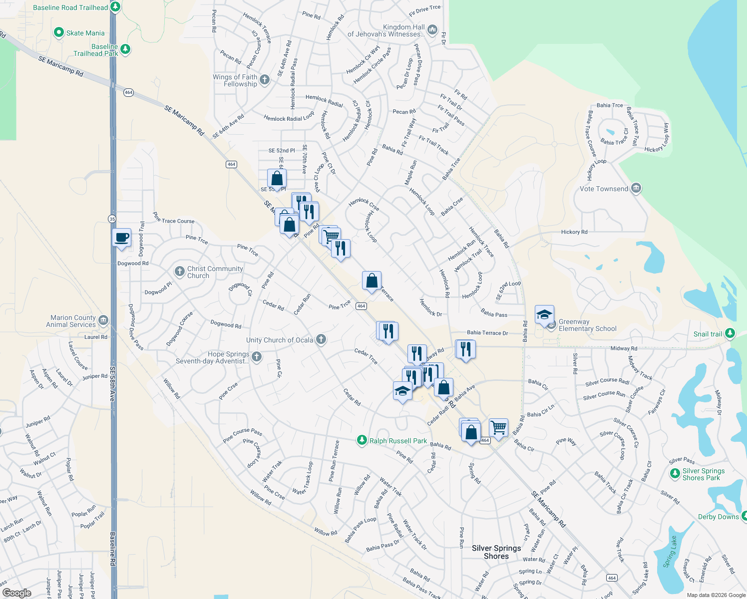 map of restaurants, bars, coffee shops, grocery stores, and more near 7297 Southeast Maricamp Road in Ocala