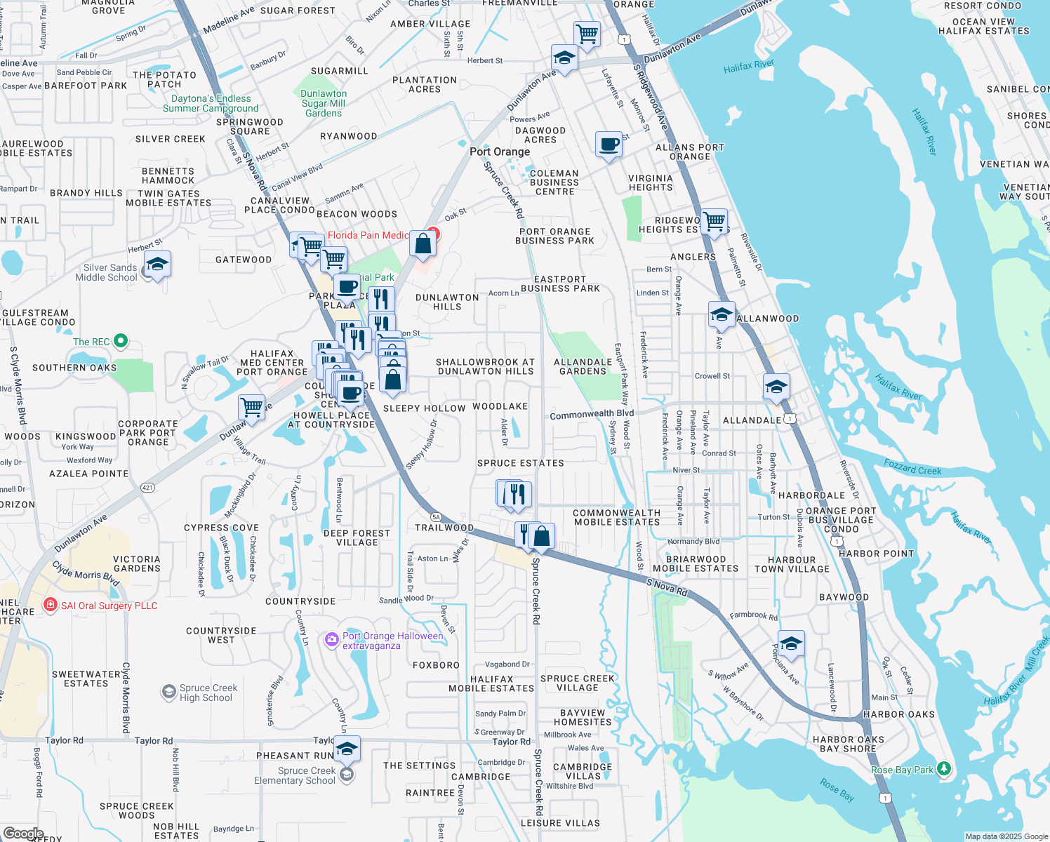 map of restaurants, bars, coffee shops, grocery stores, and more near 4574 Woodcove Dr in Port Orange