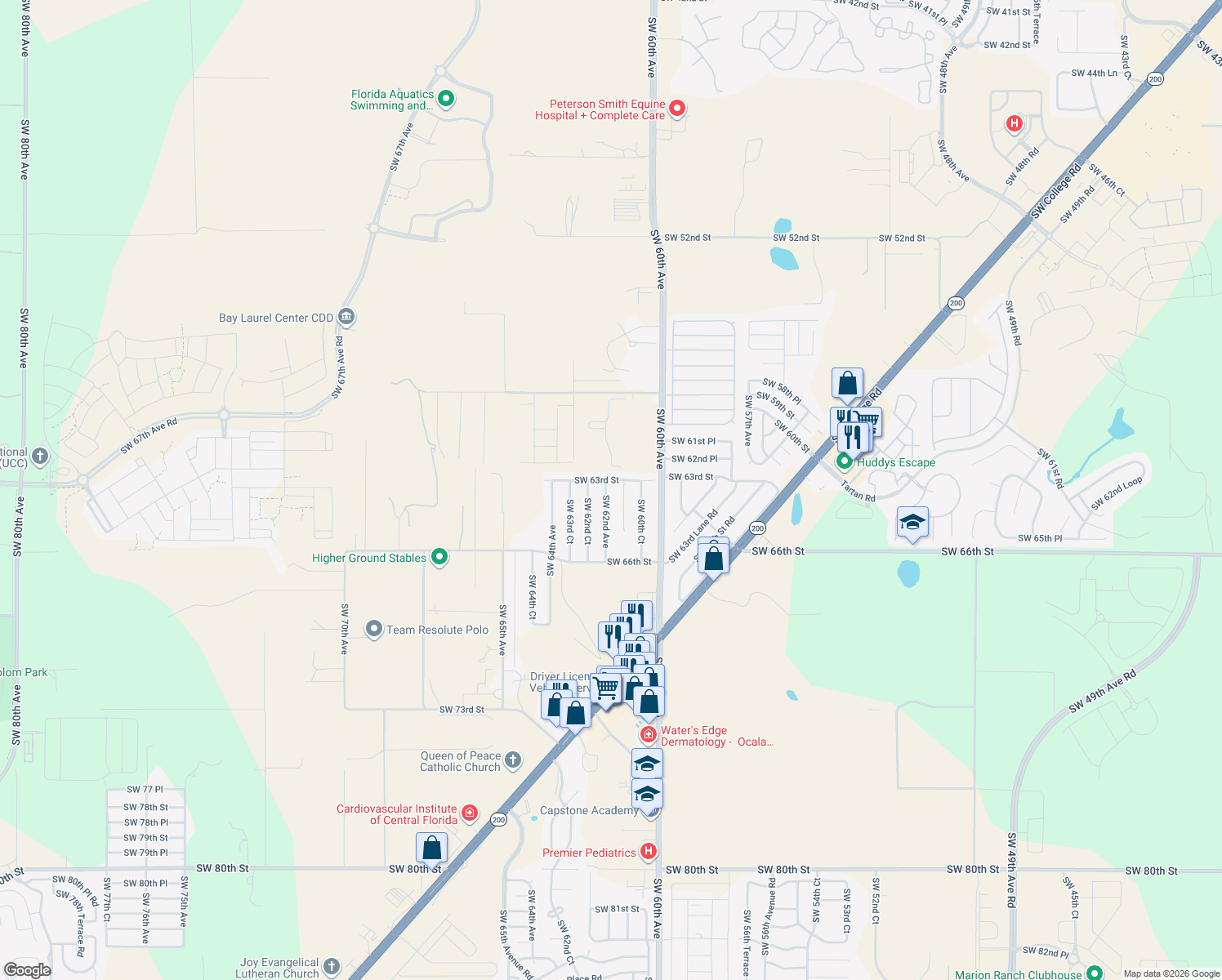 map of restaurants, bars, coffee shops, grocery stores, and more near 6323 SW 62nd Ave in Ocala