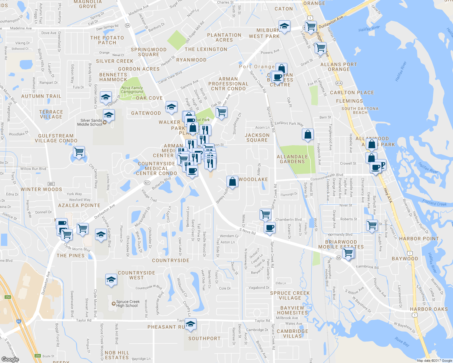 map of restaurants, bars, coffee shops, grocery stores, and more near 716 Kristina Court in Port Orange