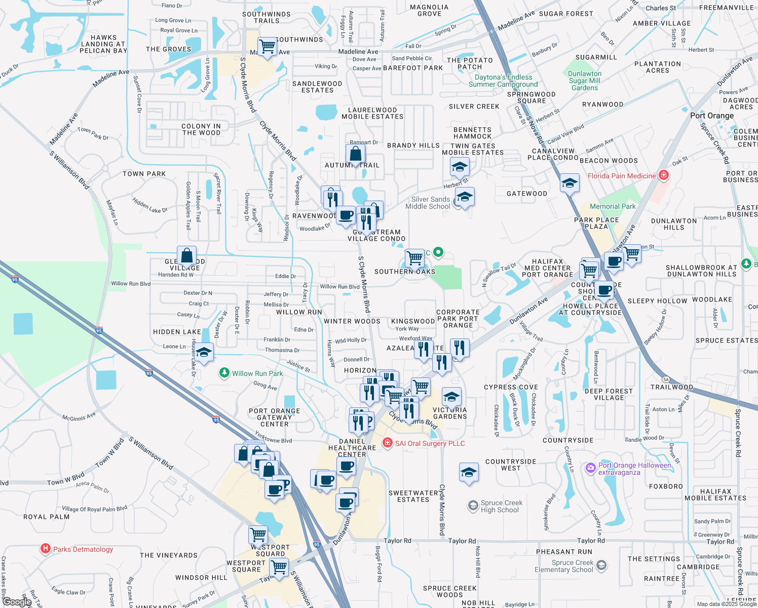 map of restaurants, bars, coffee shops, grocery stores, and more near 4705 South Clyde Morris Boulevard in Port Orange