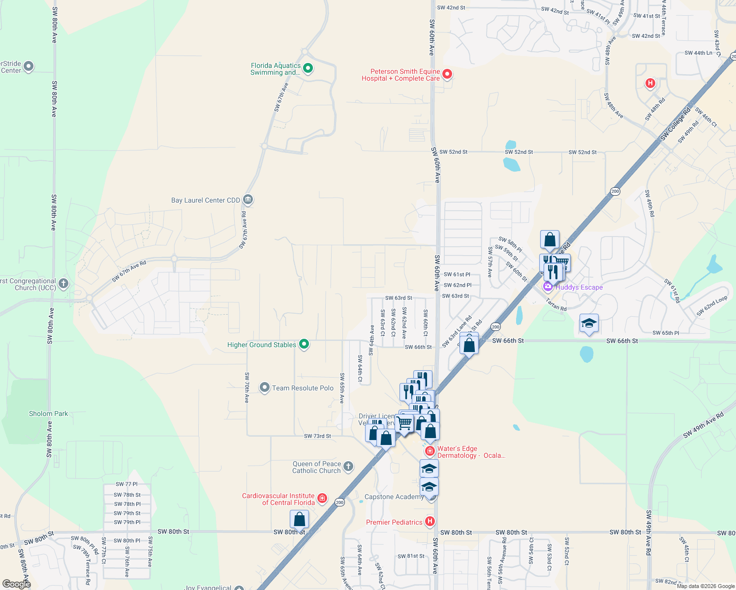 map of restaurants, bars, coffee shops, grocery stores, and more near 6425 Southwest 63rd Street in Ocala