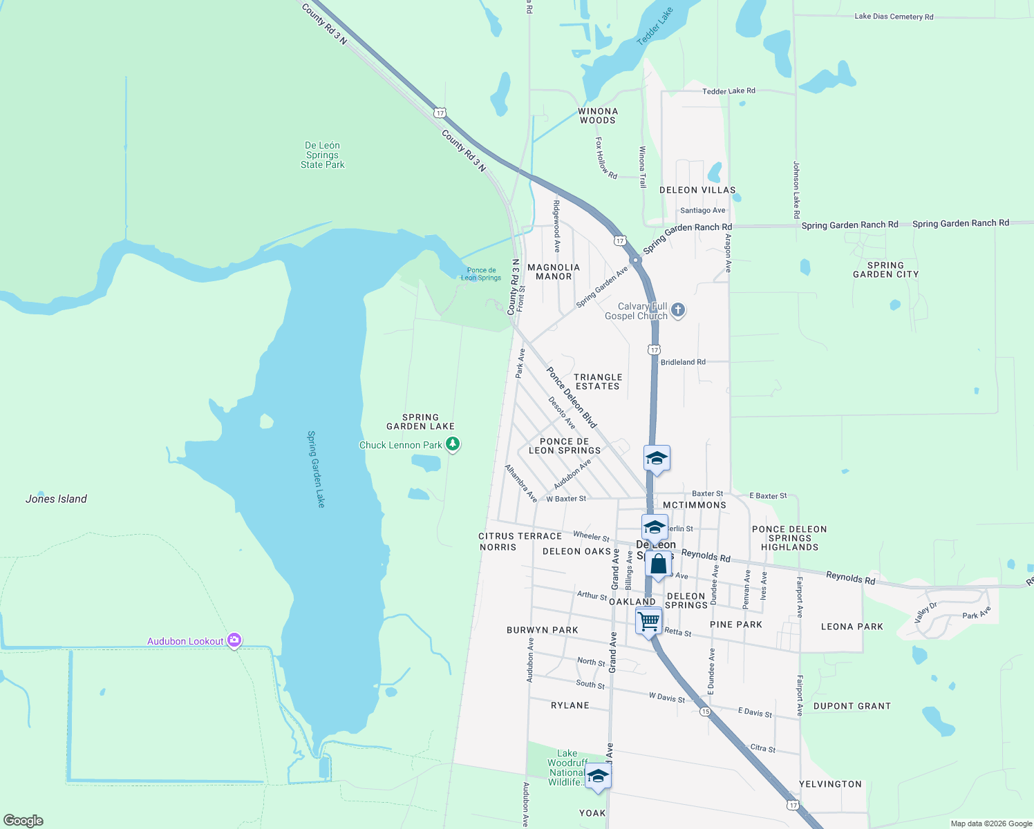 map of restaurants, bars, coffee shops, grocery stores, and more near 5431 Park Avenue in De Leon Springs