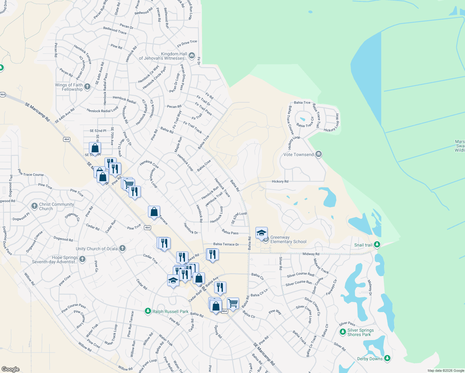 map of restaurants, bars, coffee shops, grocery stores, and more near 1 Hemlock Trail in Ocala