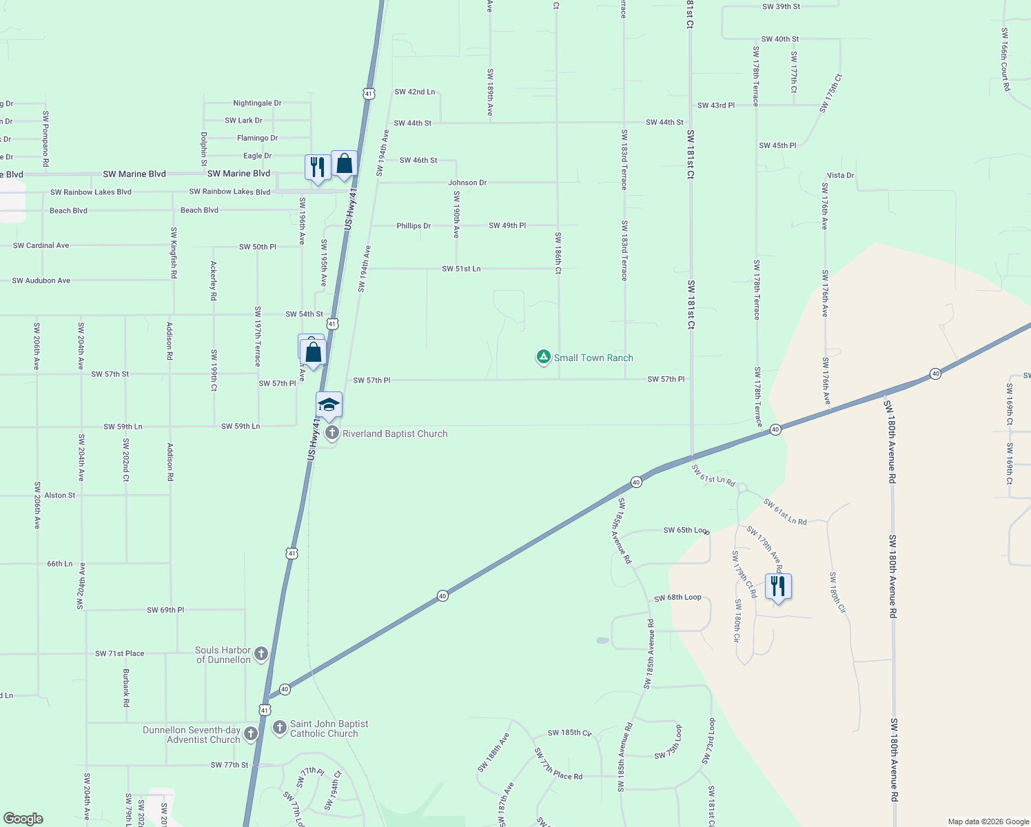 map of restaurants, bars, coffee shops, grocery stores, and more near 18799 Southwest 60th Street in Dunnellon