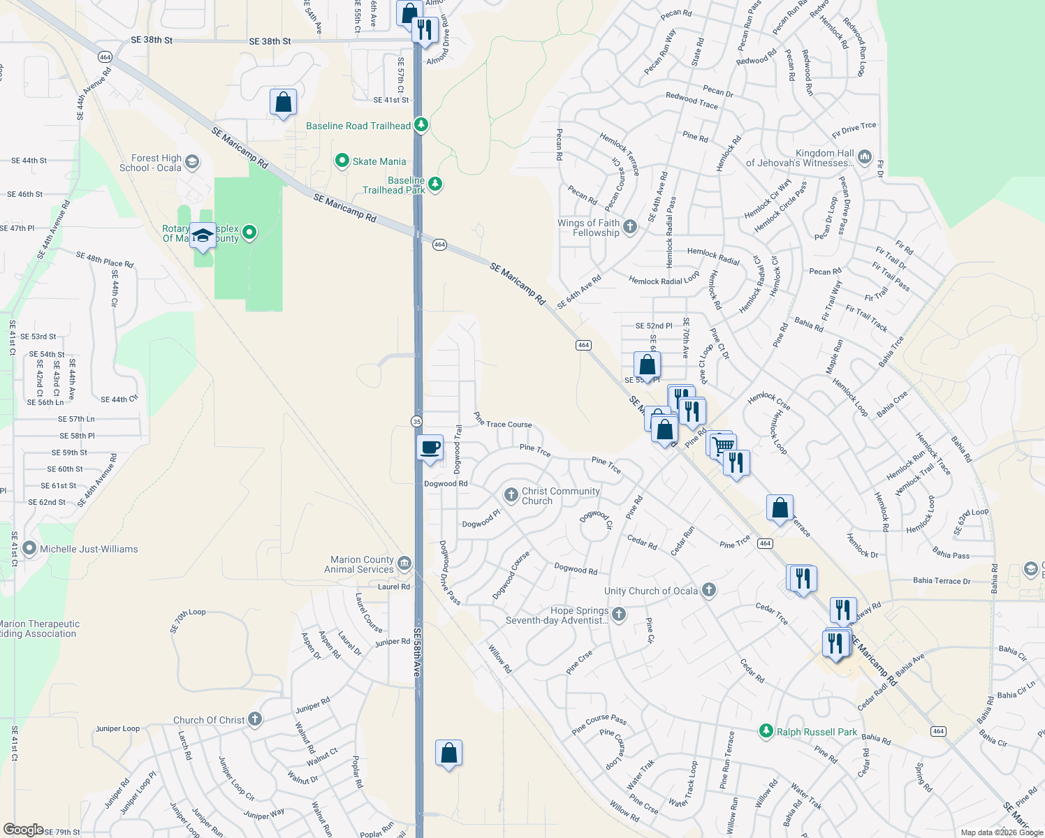 map of restaurants, bars, coffee shops, grocery stores, and more near 21 Pine Trace Course in Ocala