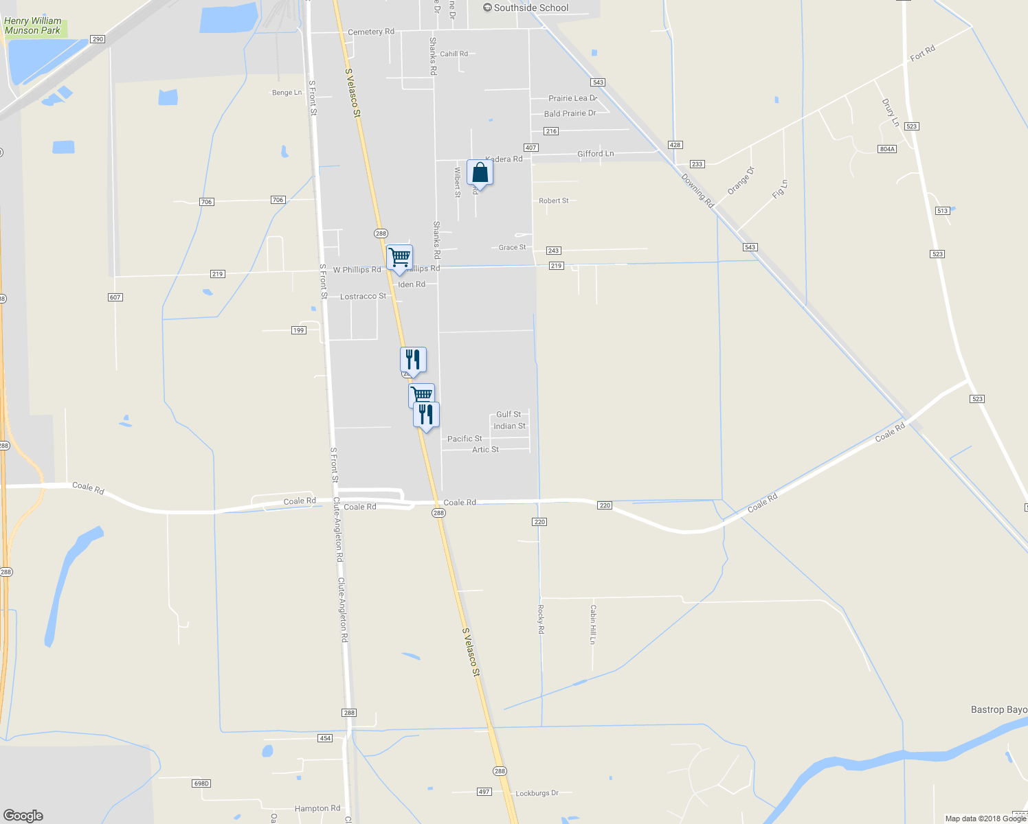map of restaurants, bars, coffee shops, grocery stores, and more near 216 Gulf Street in Angleton