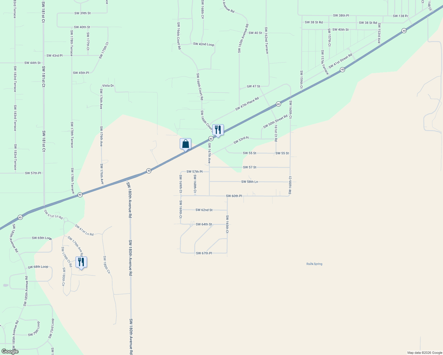 map of restaurants, bars, coffee shops, grocery stores, and more near 16631 Southwest 58th Lane in Ocala
