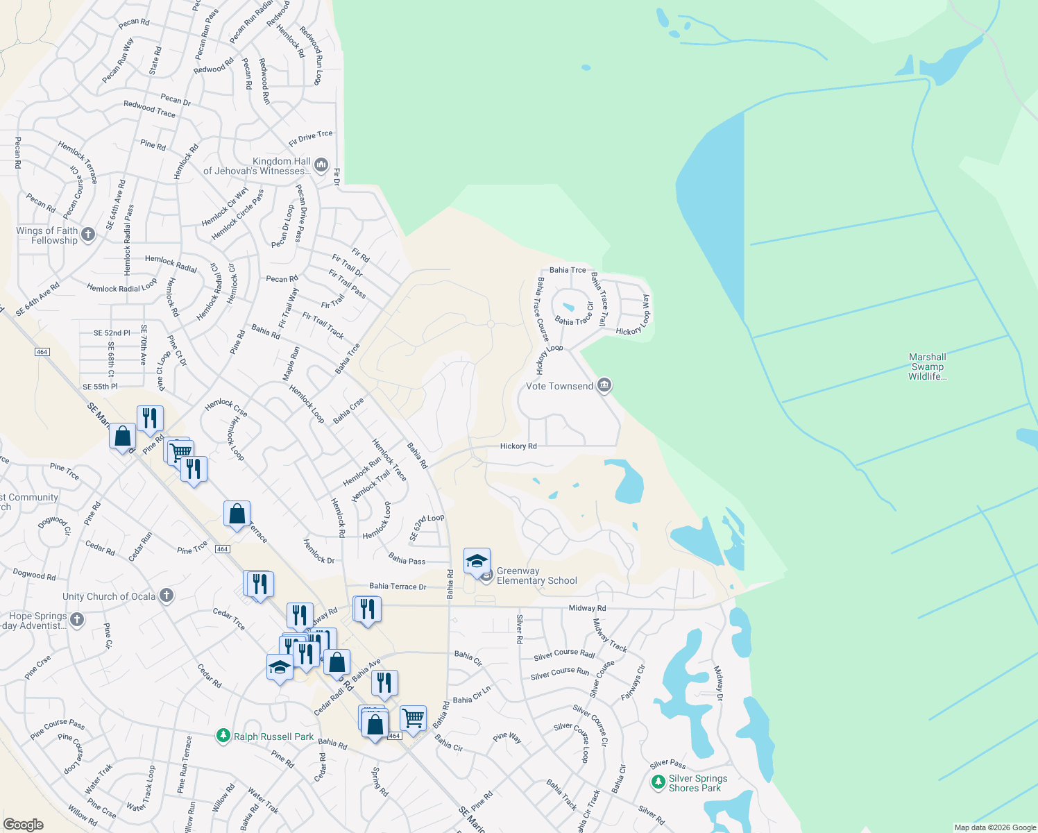 map of restaurants, bars, coffee shops, grocery stores, and more near 40 Hickory Loop in Ocala
