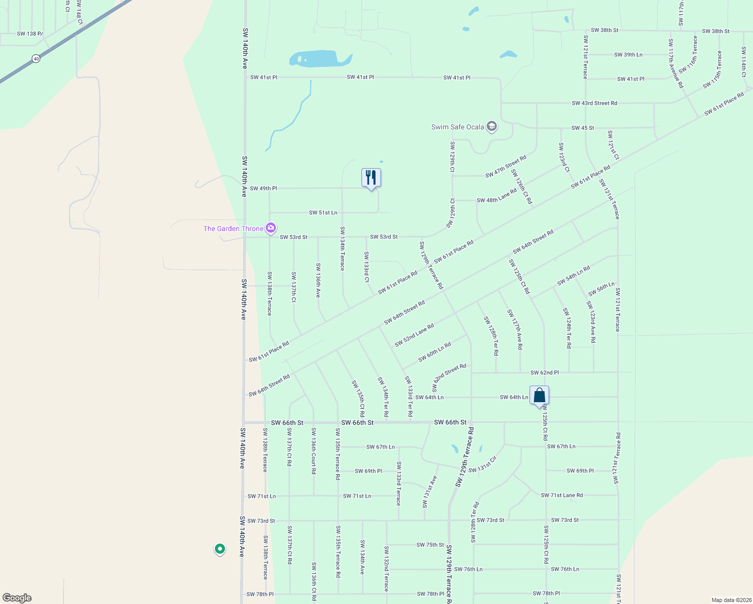 map of restaurants, bars, coffee shops, grocery stores, and more near 13350 Southwest 61st Place Road in Ocala