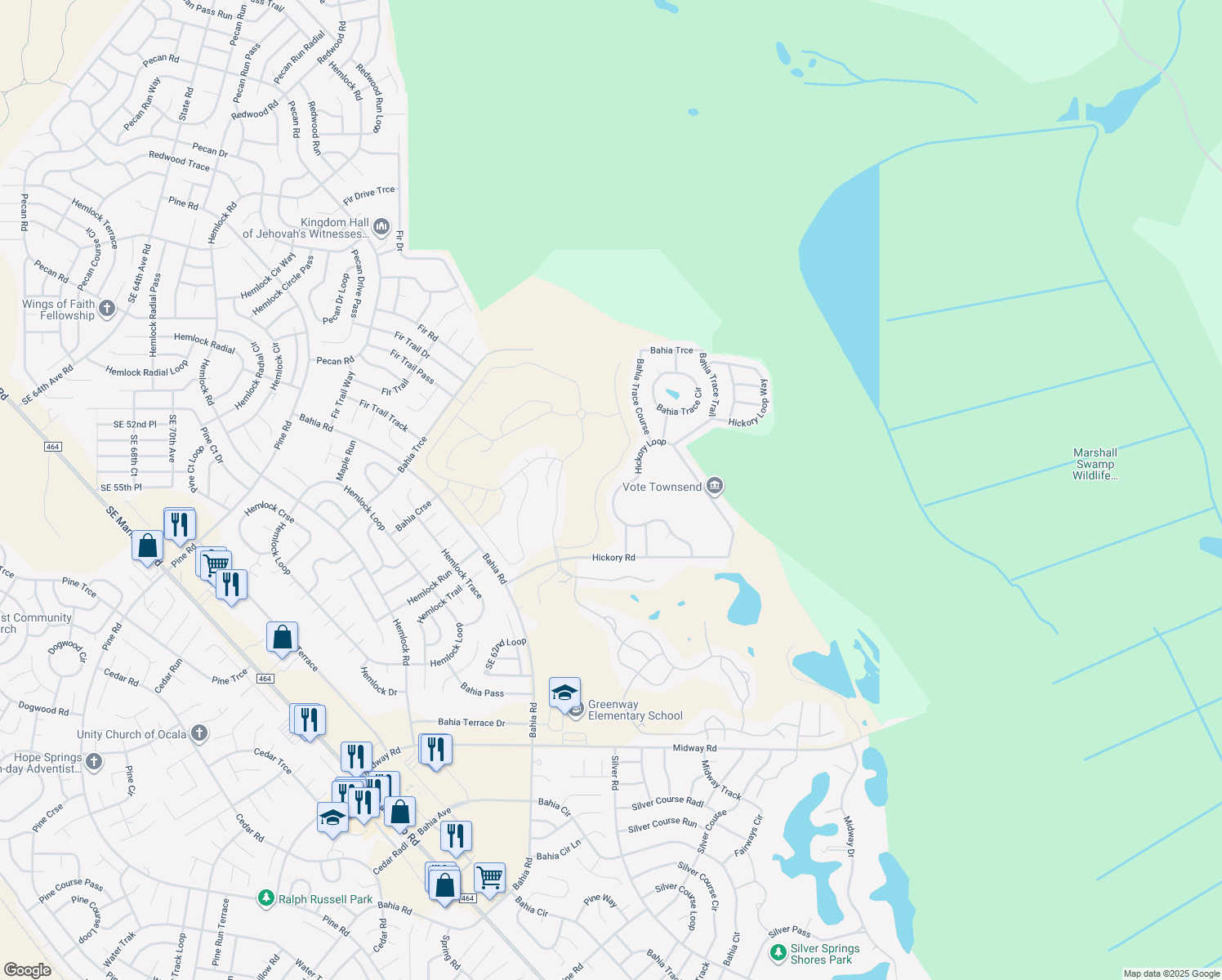 map of restaurants, bars, coffee shops, grocery stores, and more near 50 Hickory Loop in Ocala