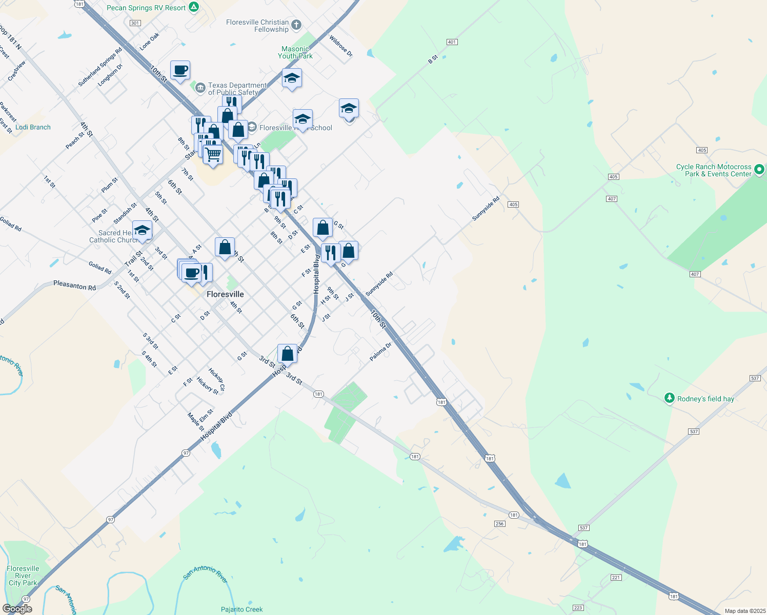 map of restaurants, bars, coffee shops, grocery stores, and more near 2110 10th Street in Floresville