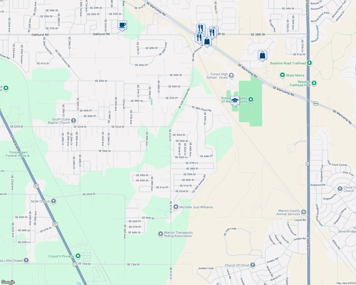 map of restaurants, bars, coffee shops, grocery stores, and more near 5430 Southeast 42nd Court in Ocala
