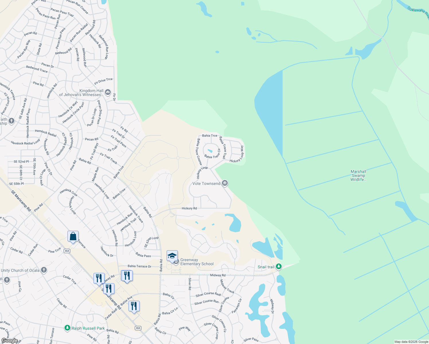 map of restaurants, bars, coffee shops, grocery stores, and more near 88 Hickory Loop in Ocala