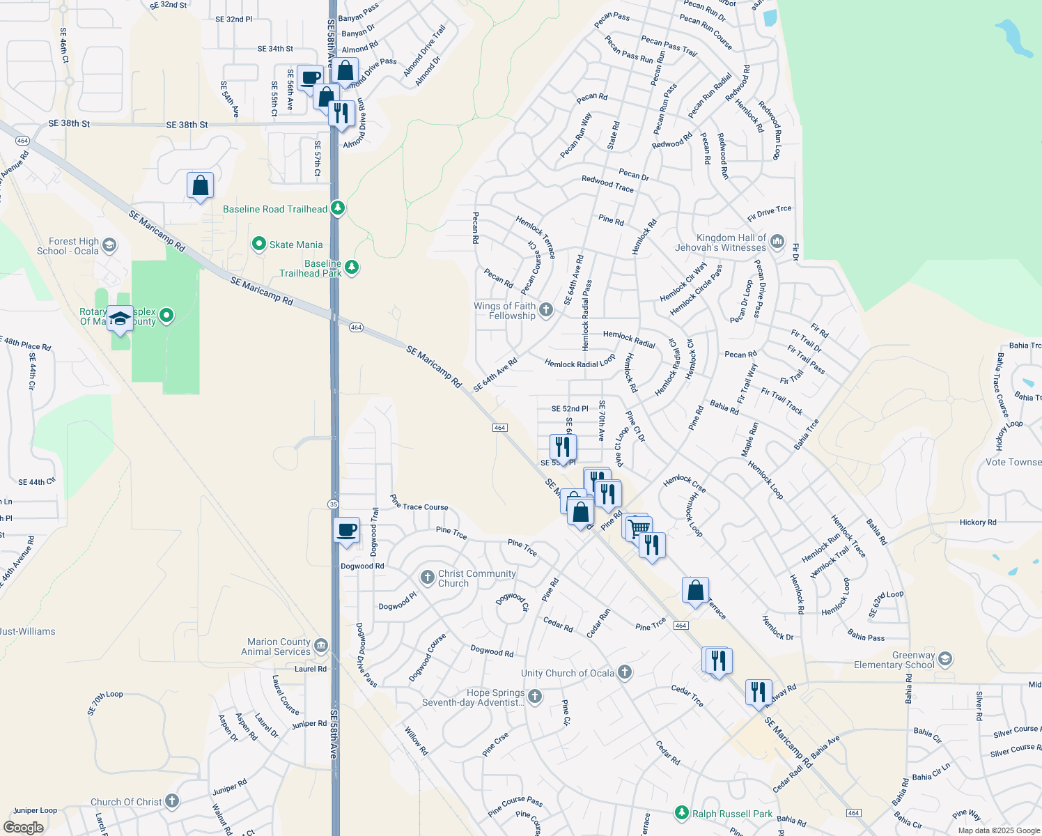 map of restaurants, bars, coffee shops, grocery stores, and more near 6661 Southeast Maricamp Road in Ocala