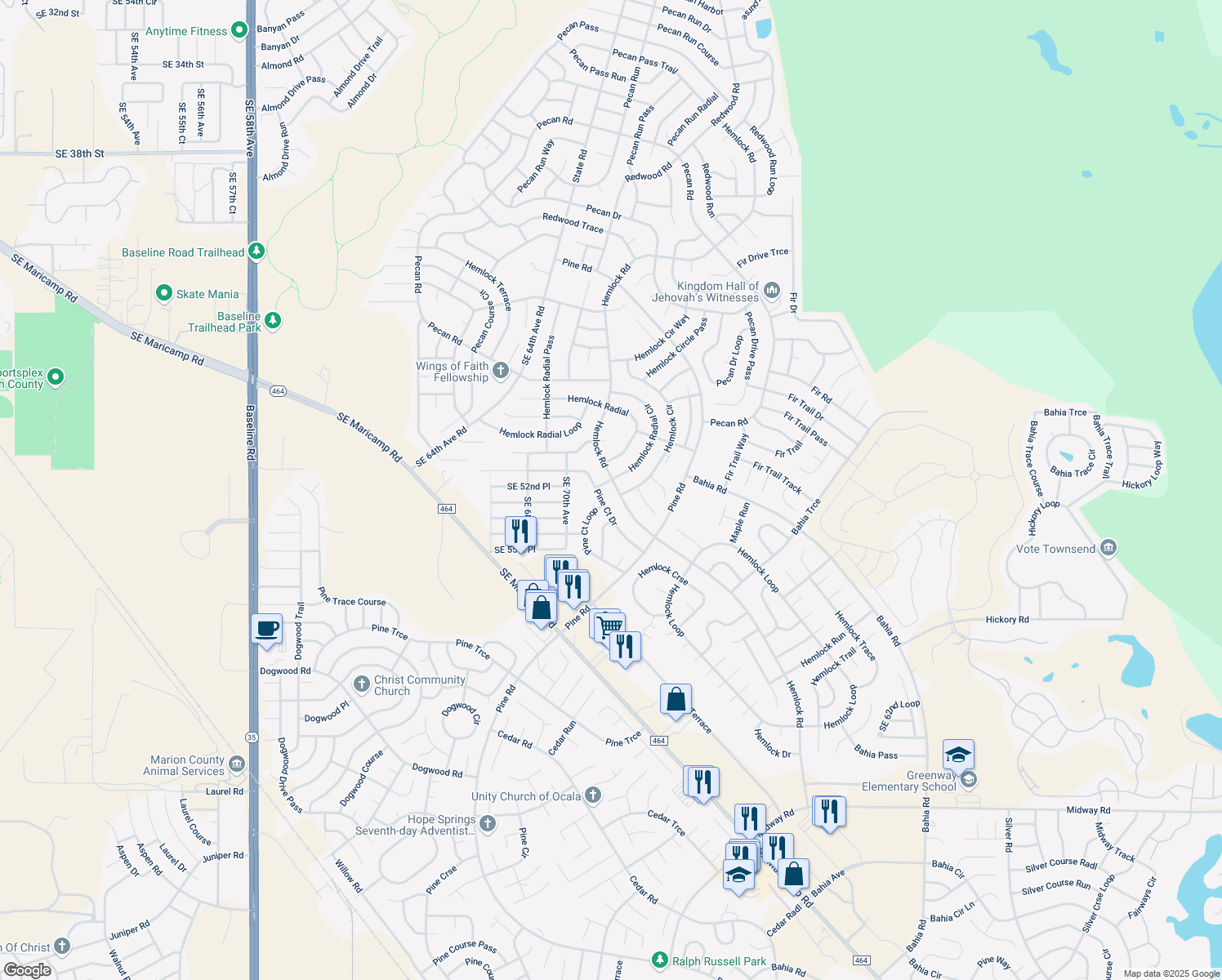 map of restaurants, bars, coffee shops, grocery stores, and more near 6880 Hemlock Road in Ocala