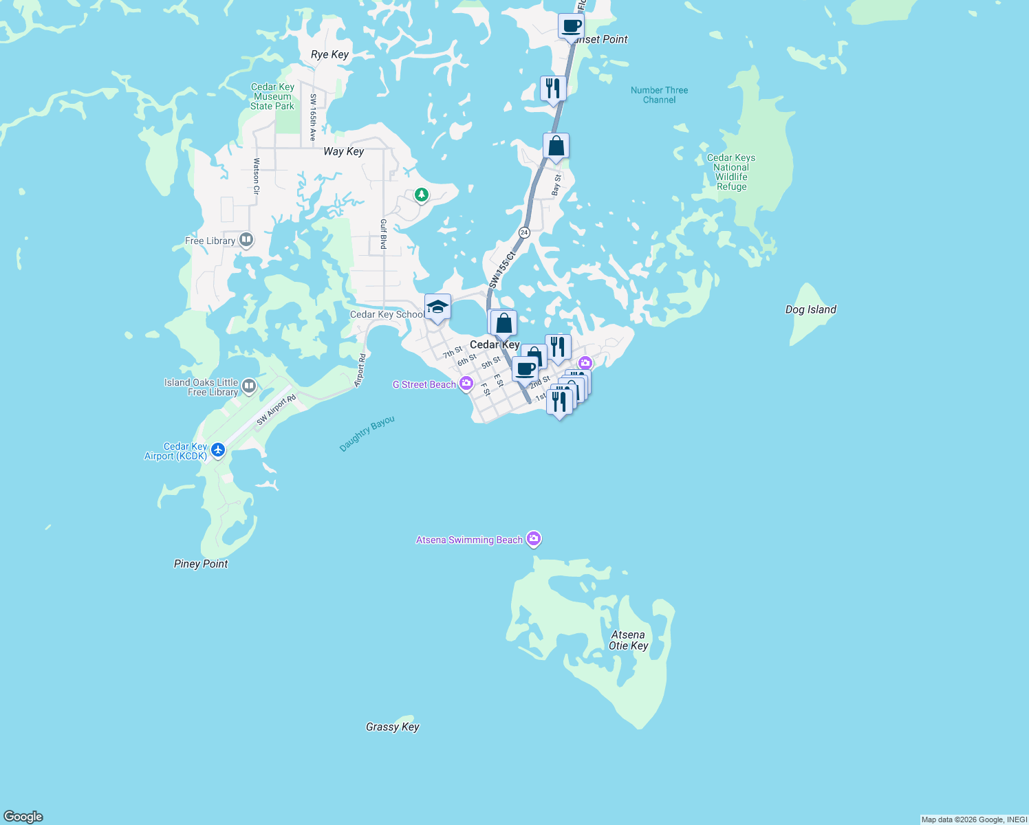 map of restaurants, bars, coffee shops, grocery stores, and more near 660 1st St in Cedar Key