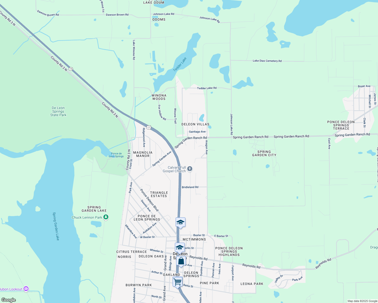 map of restaurants, bars, coffee shops, grocery stores, and more near 5540 South Andalusia Avenue in De Leon Springs