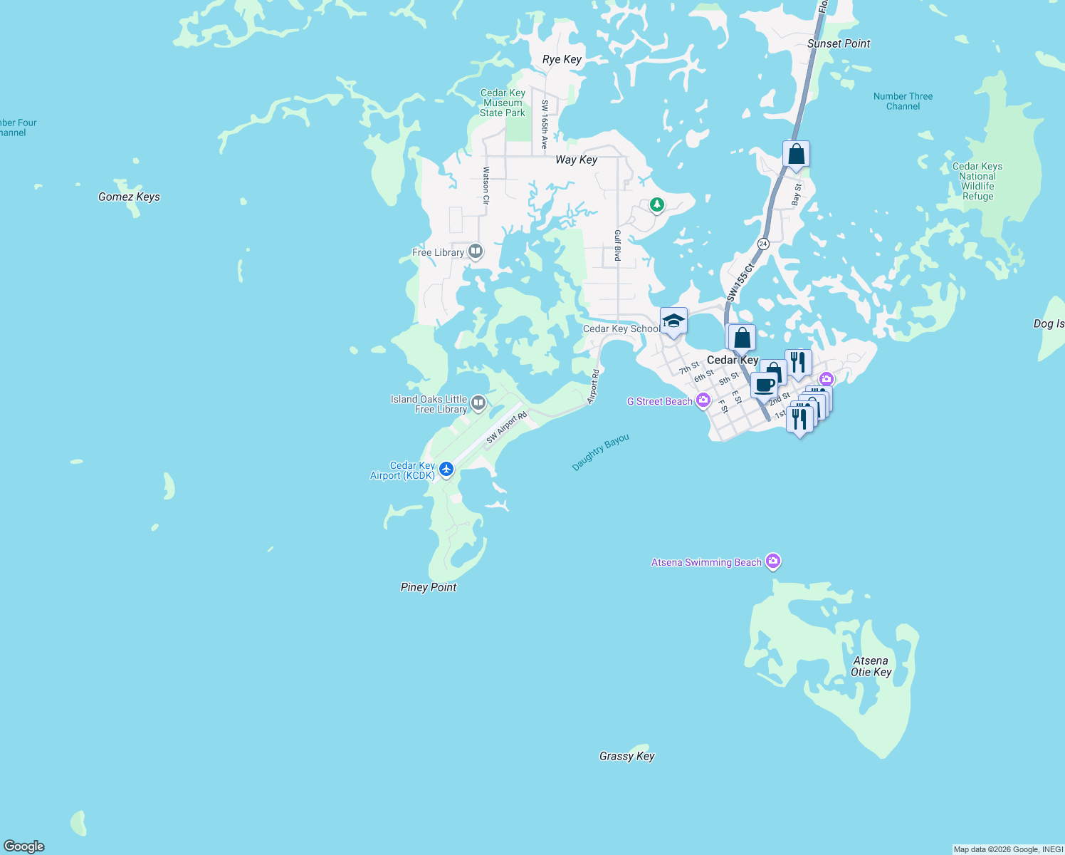 map of restaurants, bars, coffee shops, grocery stores, and more near 16616 Southwest Airport Road in Cedar Key