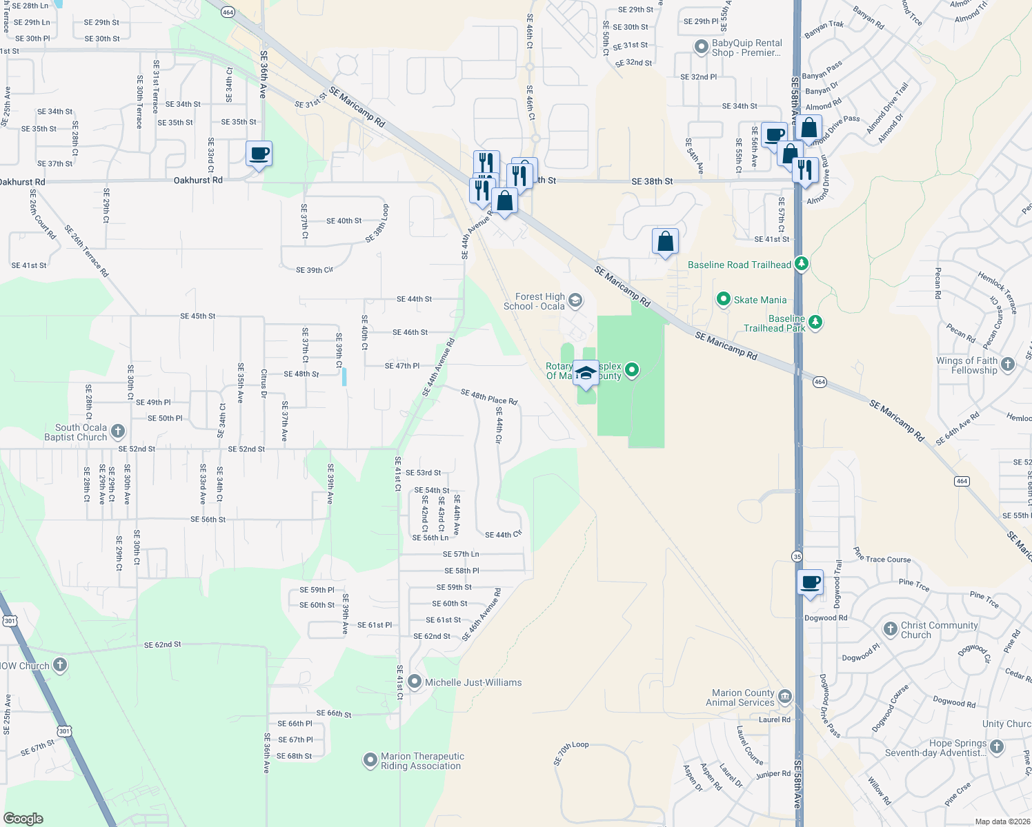 map of restaurants, bars, coffee shops, grocery stores, and more near 4540 Southeast 48th Place Road in Ocala