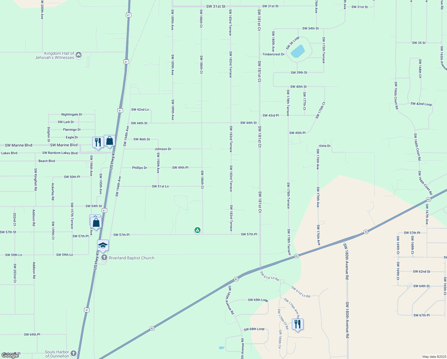 map of restaurants, bars, coffee shops, grocery stores, and more near 5080 Southwest 183rd Terrace in Dunnellon