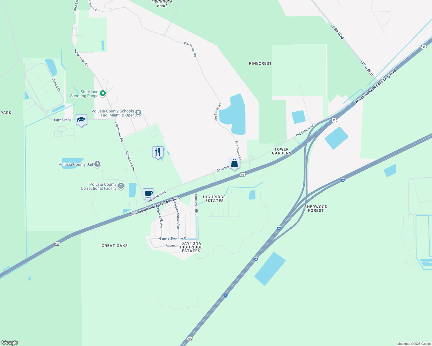 map of restaurants, bars, coffee shops, grocery stores, and more near 3659 Old Deland Road in Daytona Beach