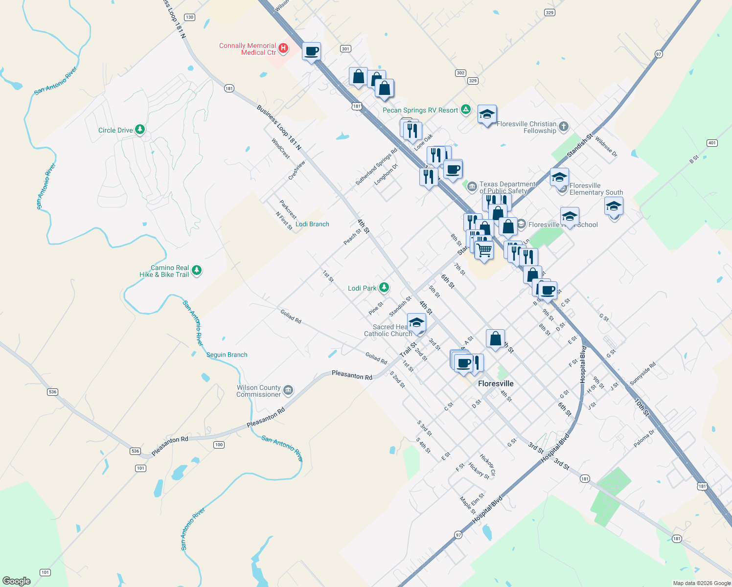 map of restaurants, bars, coffee shops, grocery stores, and more near 910 Plum Street in Floresville