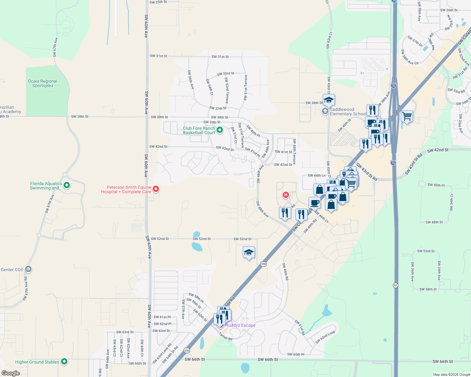 map of restaurants, bars, coffee shops, grocery stores, and more near 4620 Southwest 51st Terrace in Ocala