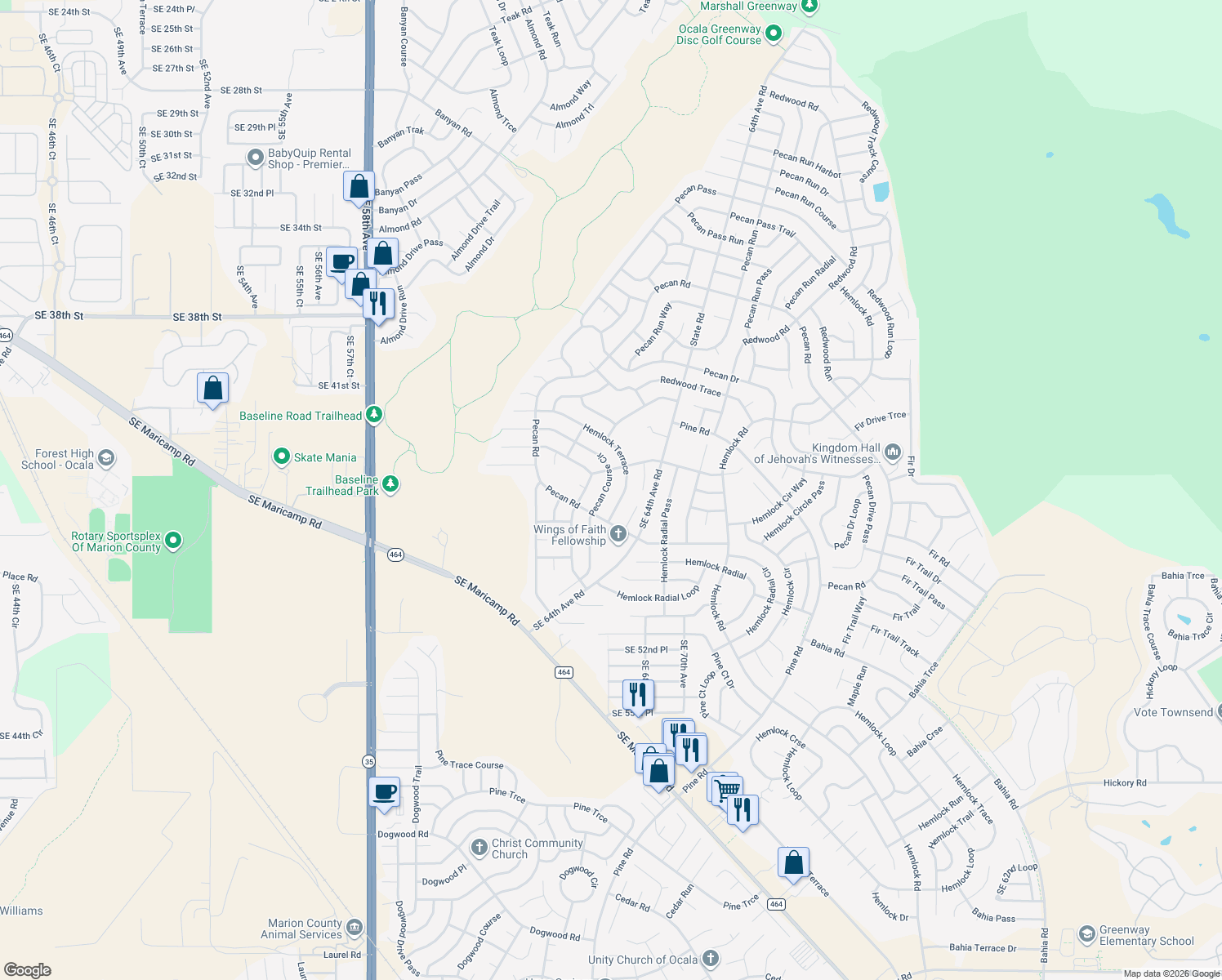 map of restaurants, bars, coffee shops, grocery stores, and more near 55 Pecan Course Cir in Ocala