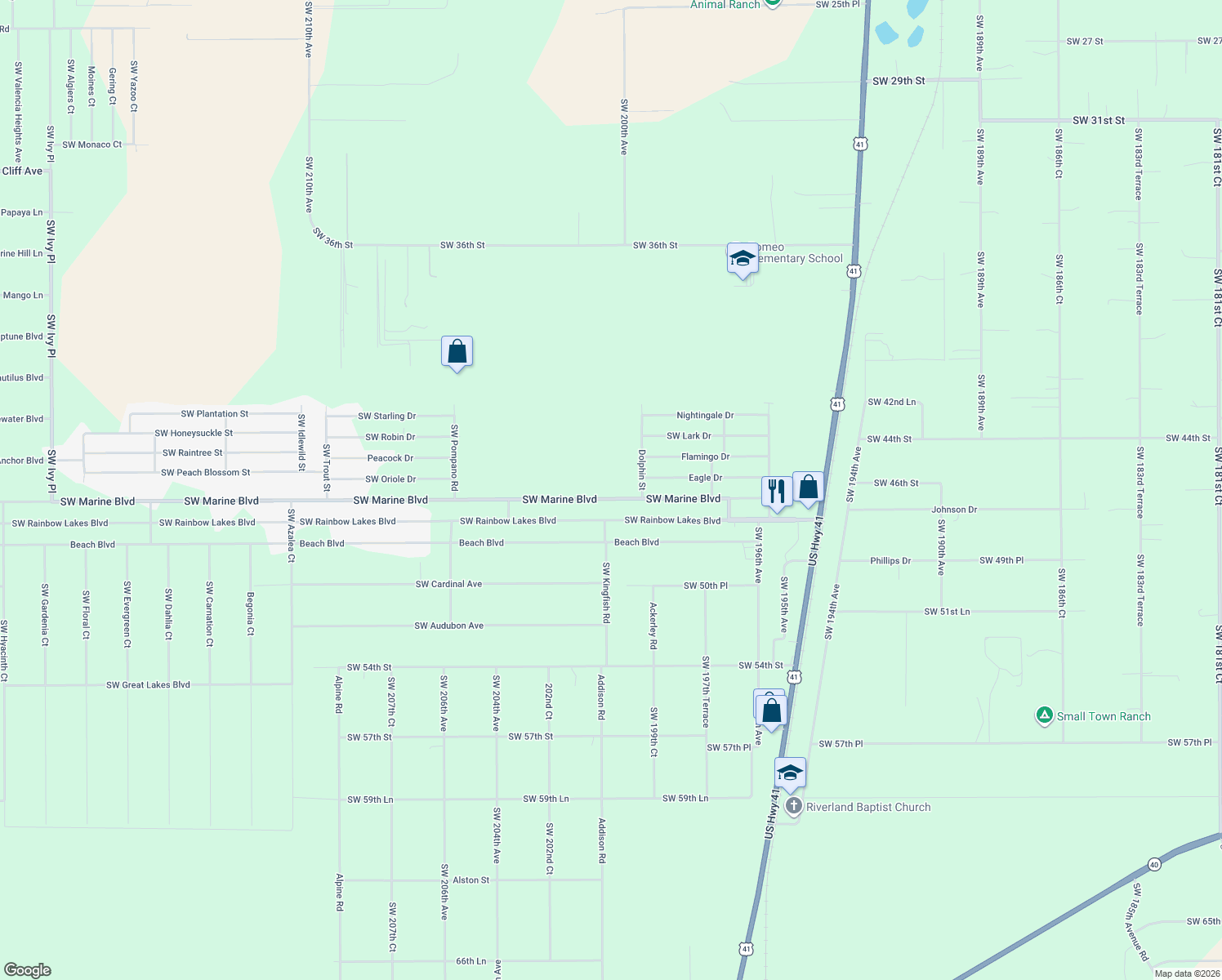 map of restaurants, bars, coffee shops, grocery stores, and more near 20049 Southwest Marine Boulevard in Dunnellon