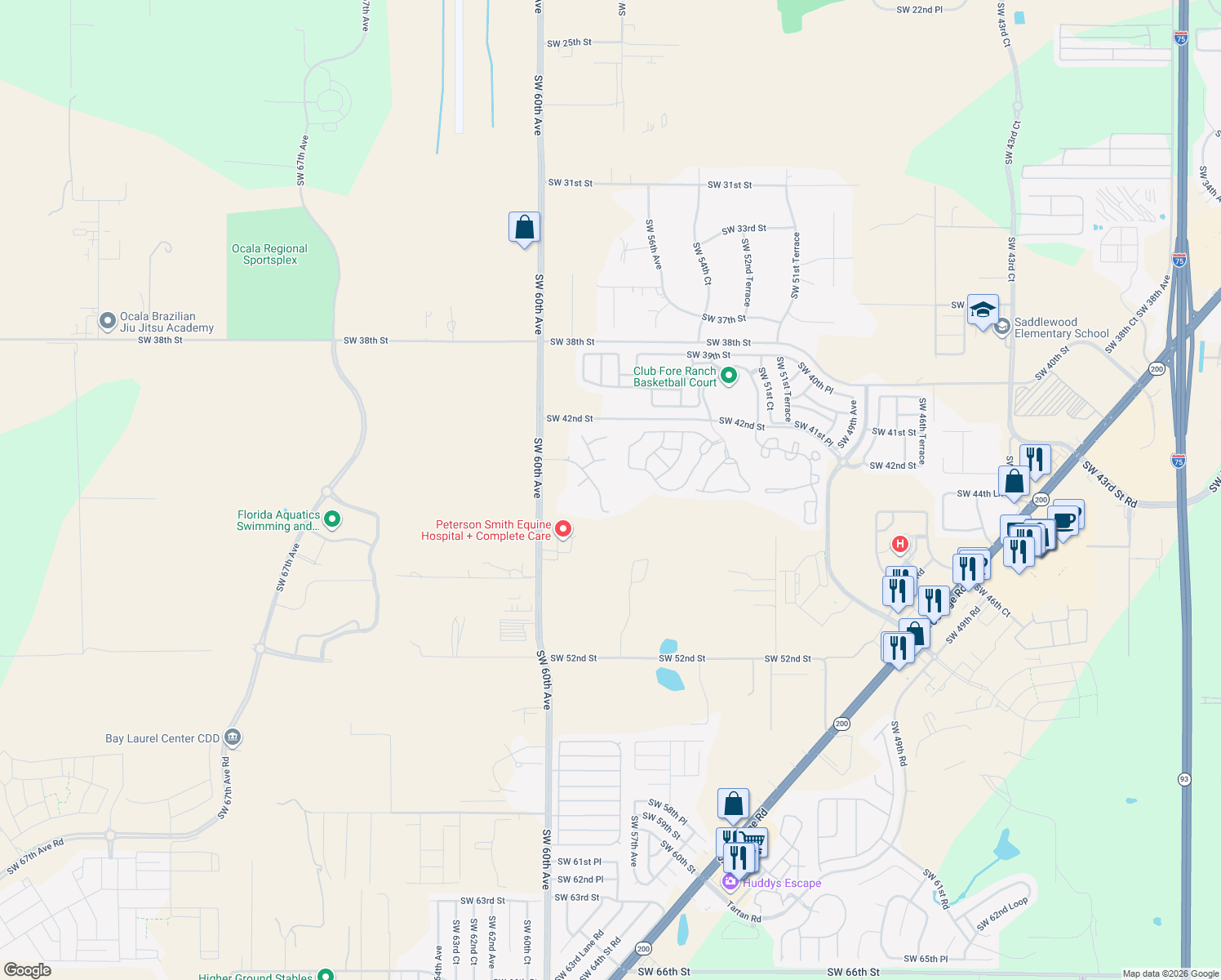 map of restaurants, bars, coffee shops, grocery stores, and more near 5825 Southwest 43rd Street Road in Ocala