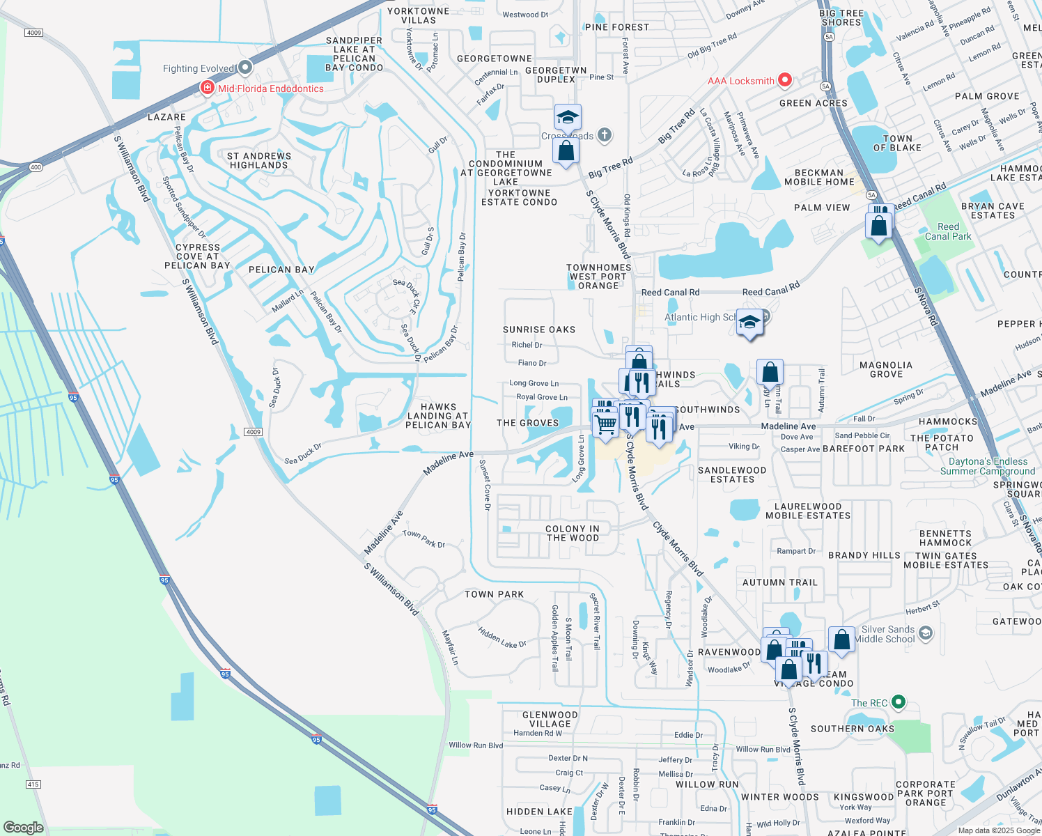 map of restaurants, bars, coffee shops, grocery stores, and more near 3782 Maple Grove Court in Port Orange
