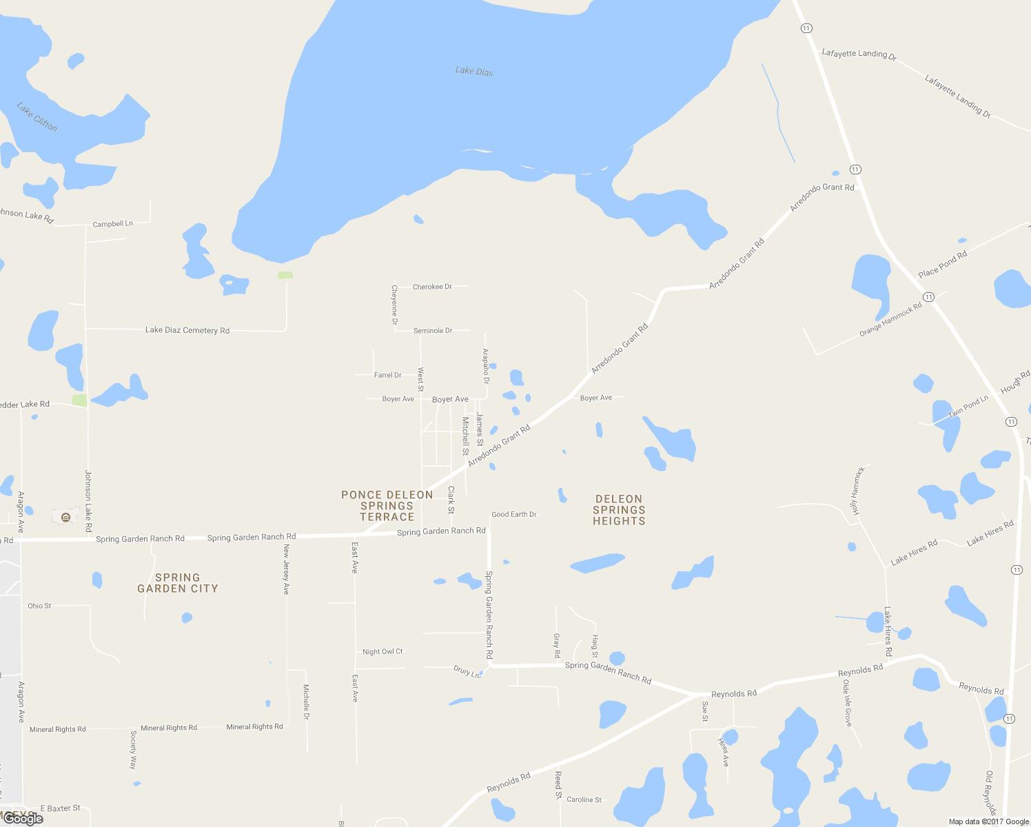 map of restaurants, bars, coffee shops, grocery stores, and more near 5465 Ray Street in De Leon Springs
