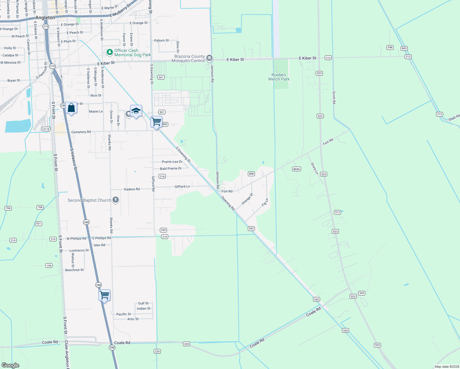 map of restaurants, bars, coffee shops, grocery stores, and more near 1459 County Road 233 in Angleton