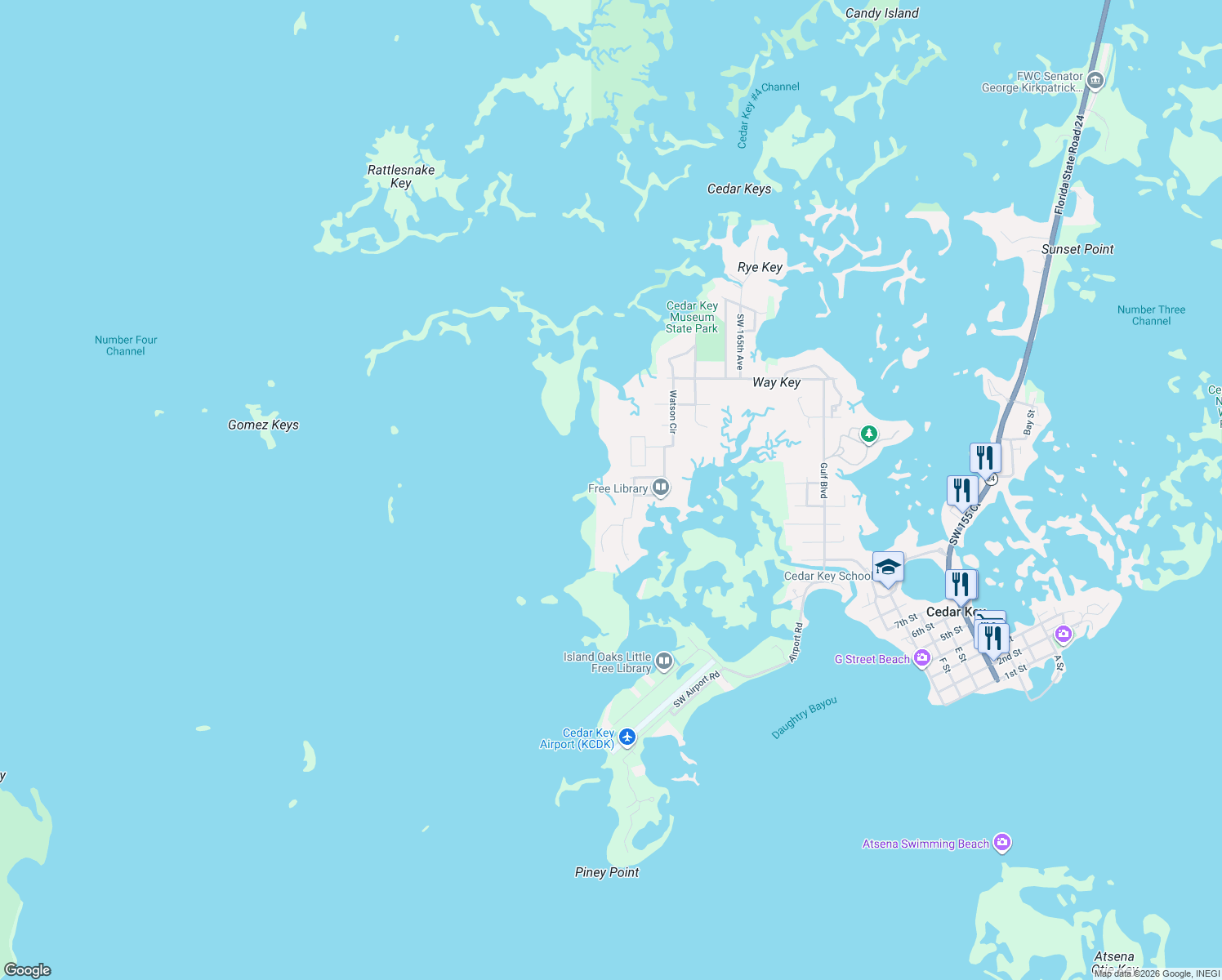 map of restaurants, bars, coffee shops, grocery stores, and more near 12630 Hodgson Avenue in Cedar Key