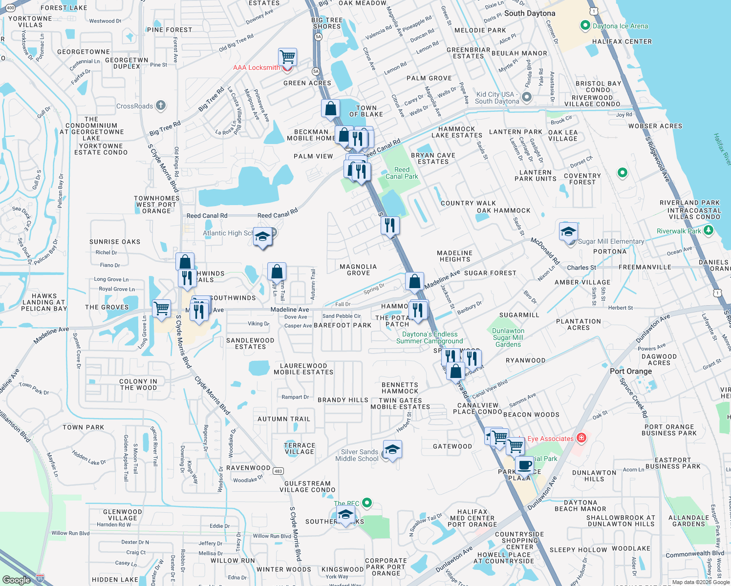 map of restaurants, bars, coffee shops, grocery stores, and more near 39-199 Spring Drive in Port Orange
