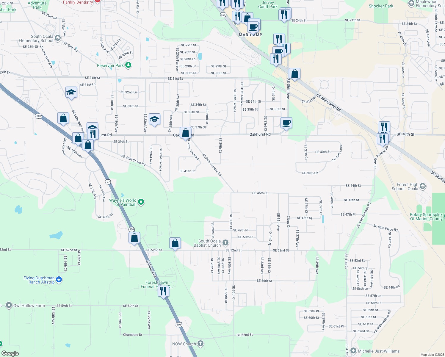 map of restaurants, bars, coffee shops, grocery stores, and more near 4324 Southeast 26th Terrace Road in Ocala