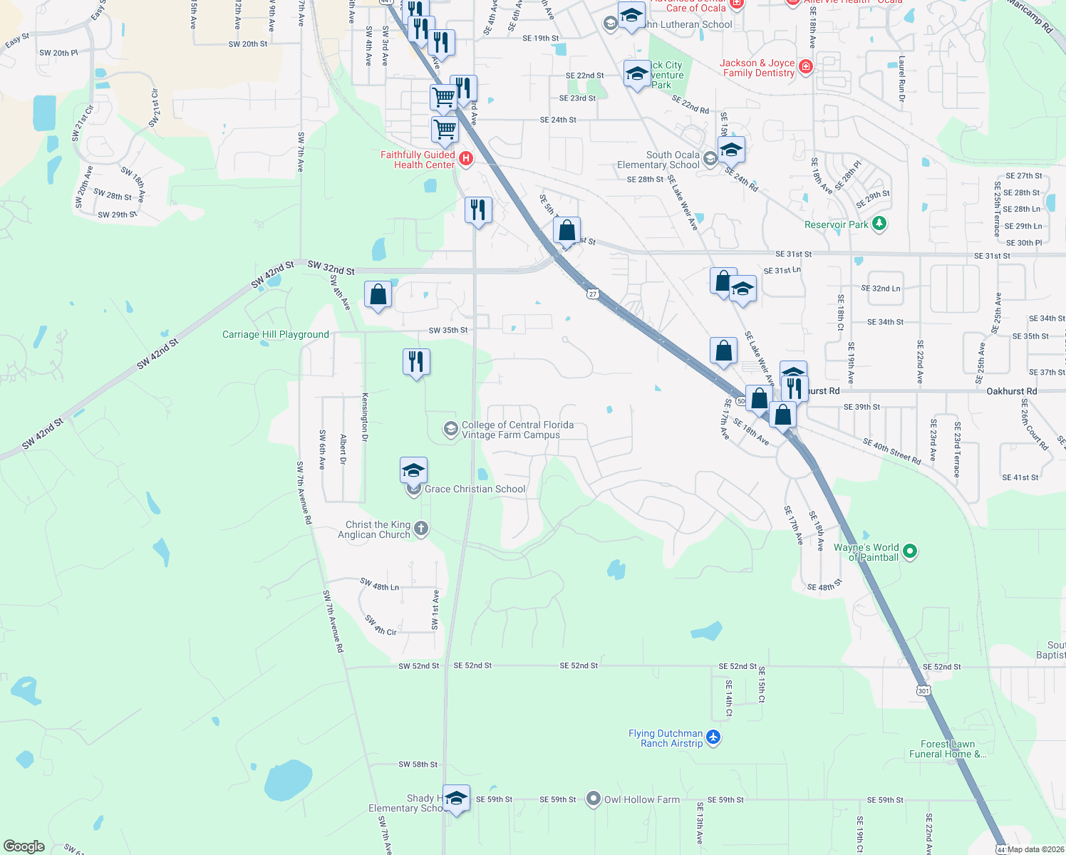 map of restaurants, bars, coffee shops, grocery stores, and more near 3914 Southeast 6th Avenue in Ocala