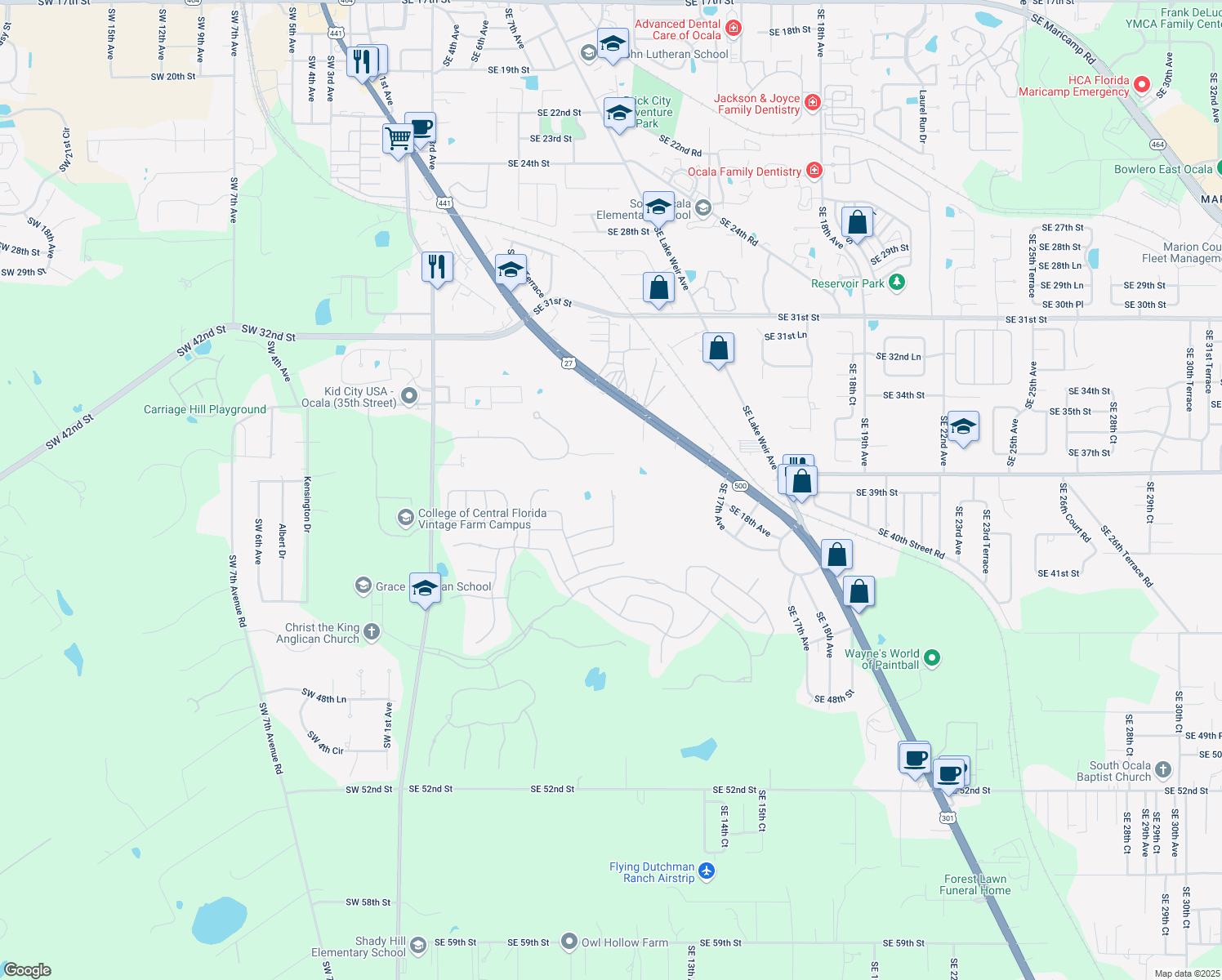 map of restaurants, bars, coffee shops, grocery stores, and more near 4080 Southeast 10th Avenue in Ocala