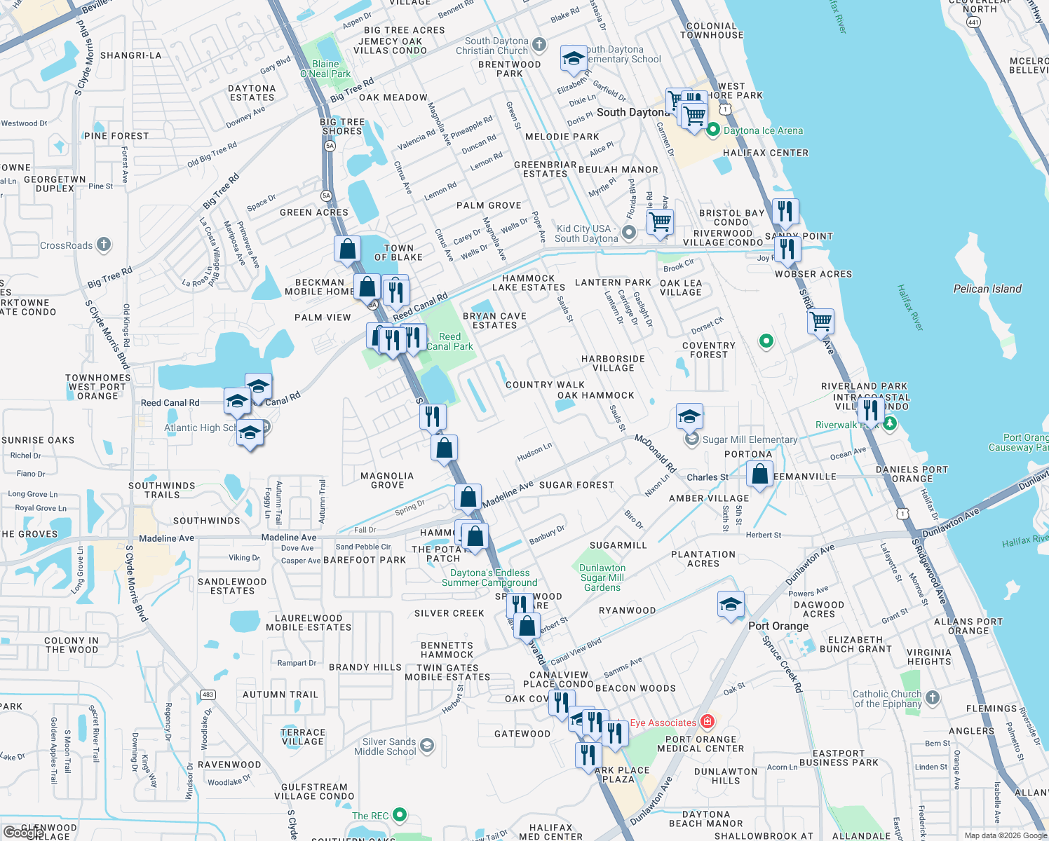 map of restaurants, bars, coffee shops, grocery stores, and more near 3410 Pepper Hill Road in Port Orange