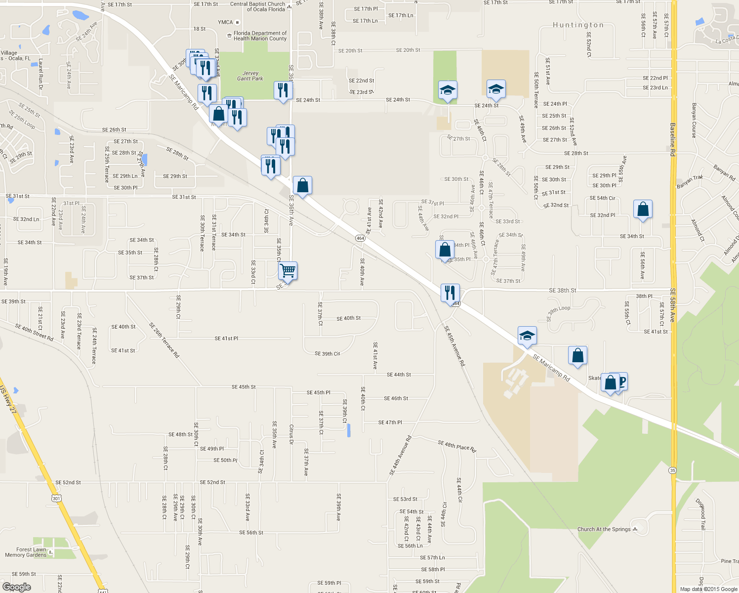 map of restaurants, bars, coffee shops, grocery stores, and more near 3903 Southeast 38th Loop in Ocala
