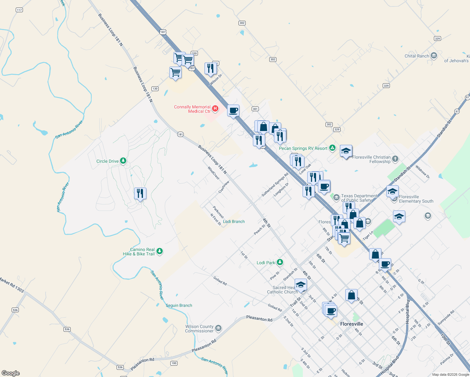 map of restaurants, bars, coffee shops, grocery stores, and more near 513 4th St in Floresville