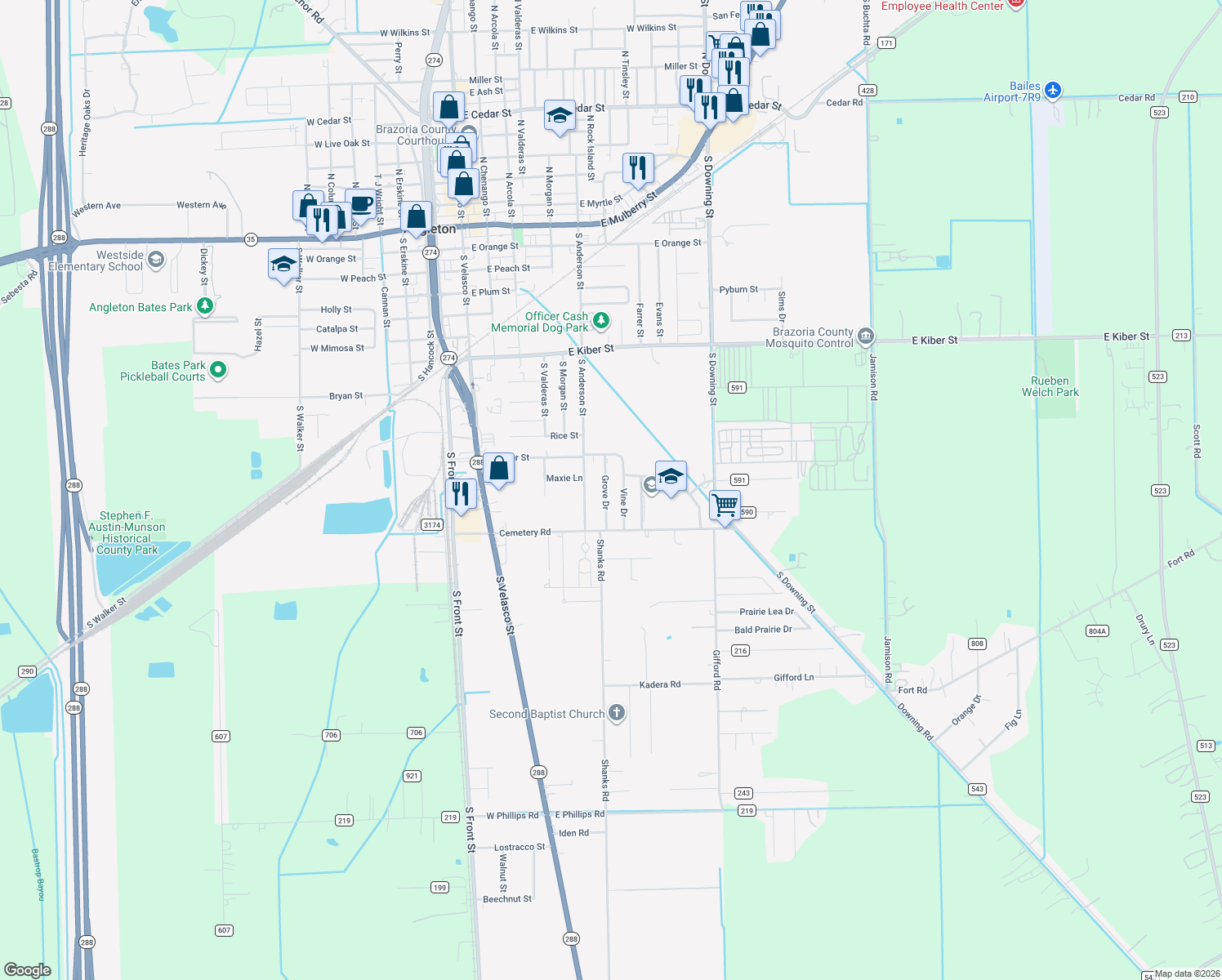 map of restaurants, bars, coffee shops, grocery stores, and more near 1029 Grove Drive in Angleton