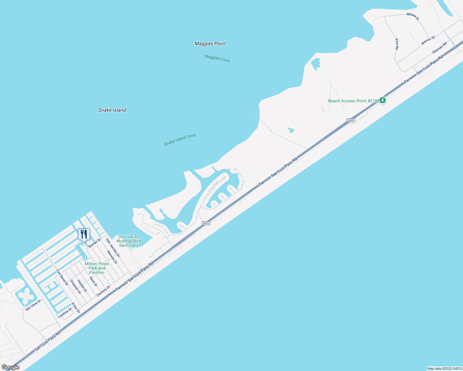map of restaurants, bars, coffee shops, grocery stores, and more near 4107 Bluewing Teal Ct in Galveston