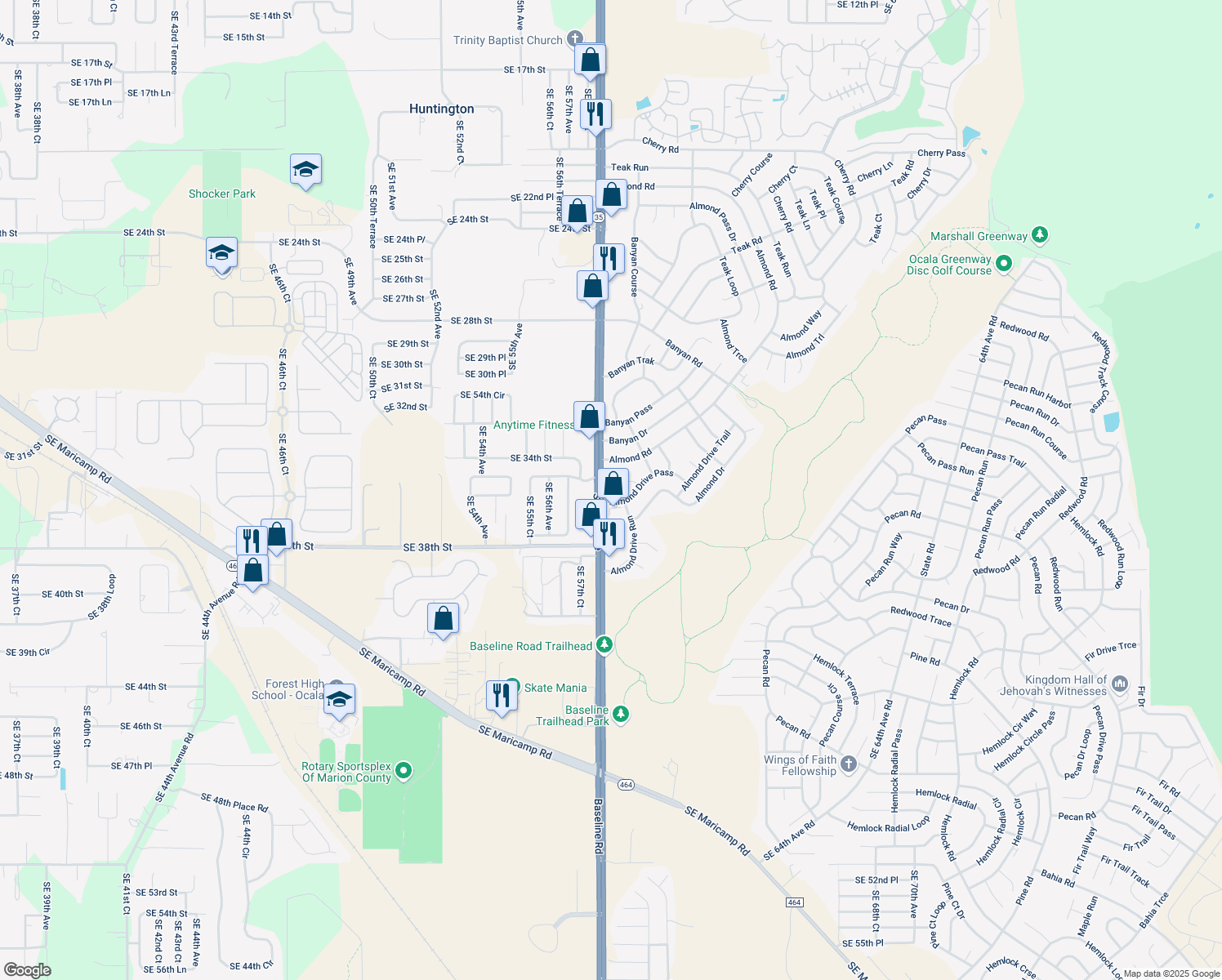 map of restaurants, bars, coffee shops, grocery stores, and more near 14 Almond Drive Place in Ocala