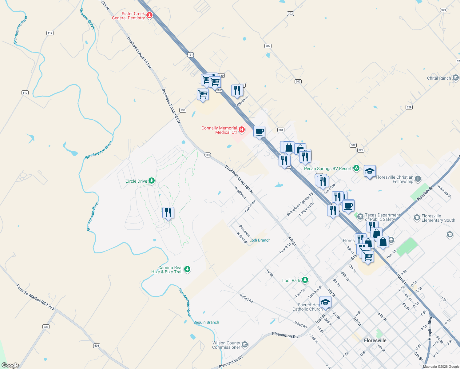 map of restaurants, bars, coffee shops, grocery stores, and more near 214 WindCrest in Floresville
