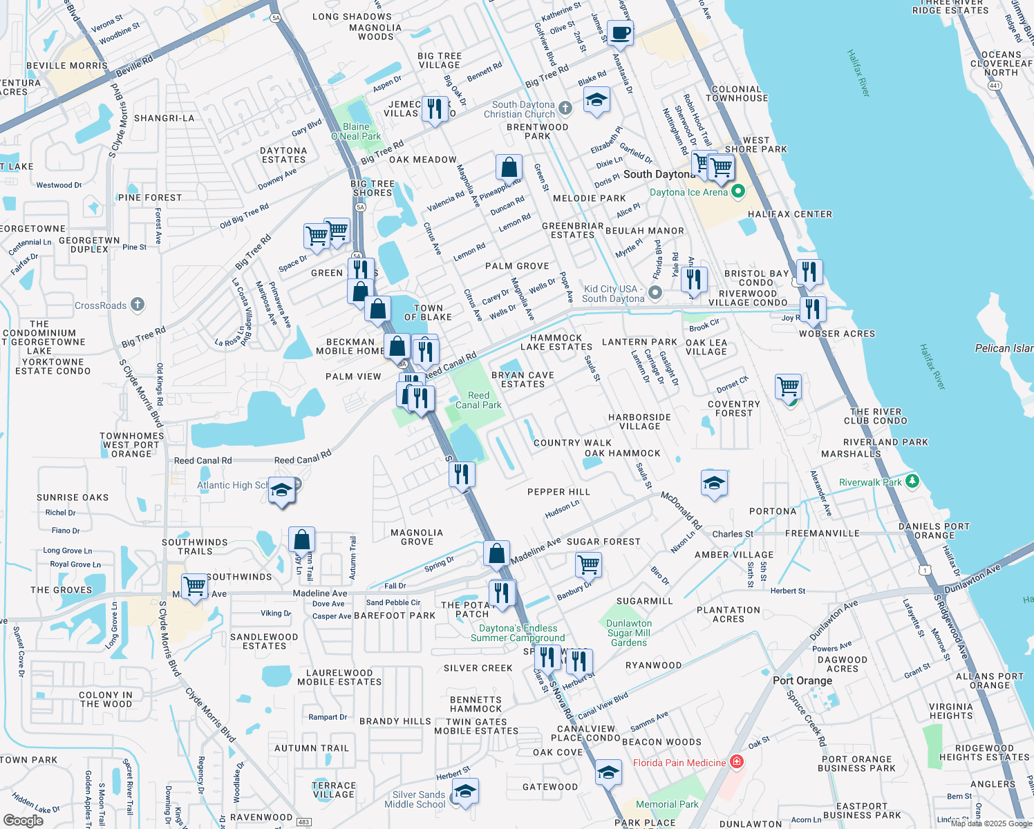 map of restaurants, bars, coffee shops, grocery stores, and more near 50 Old Sunbeam Drive in South Daytona