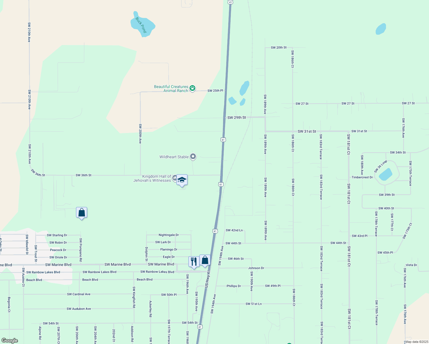 map of restaurants, bars, coffee shops, grocery stores, and more near 19343 Southwest 36th Street in Dunnellon